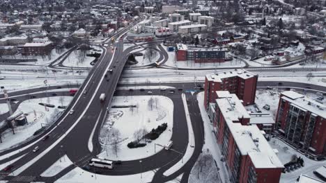 complex intersection near the city center on a snowy winter day