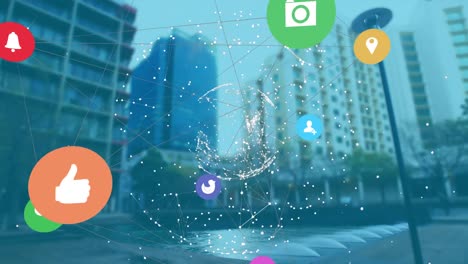 web of connections icons forming a globe against tall buildings