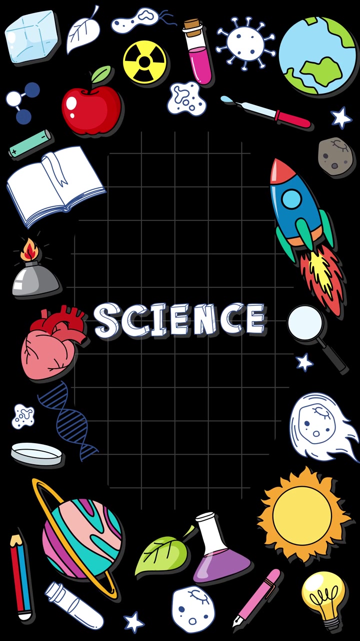 Ikon sains yang digambar tangan beranimasi di atas latar belakang kisi hitam, mengelilingi kata 'SCIENCE' dengan ilustrasi ceria dan cerah dalam komposisi vertikal.