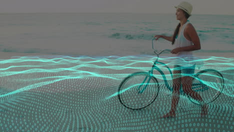 animation of digital wave pattern over caucasian woman with bicycle walking at seashore