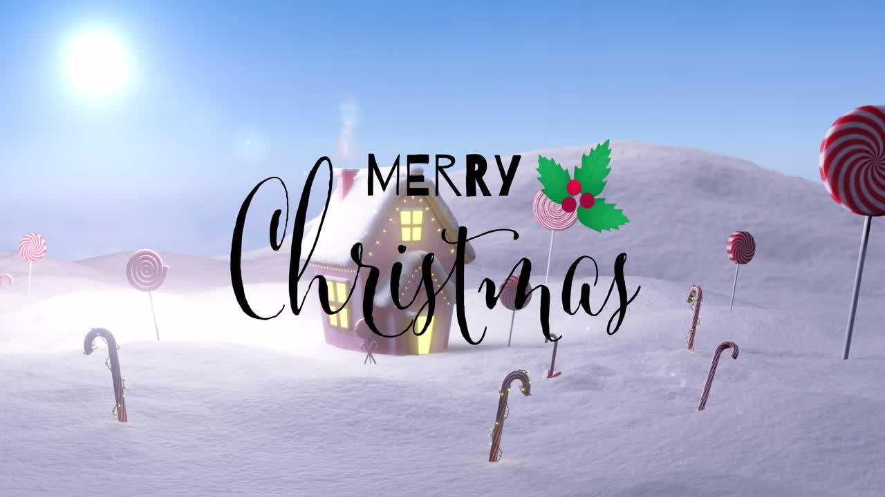 크리스마스 축하 문자의 애니메이션 캔디 막대기, 눈과 겨울 풍경의 집