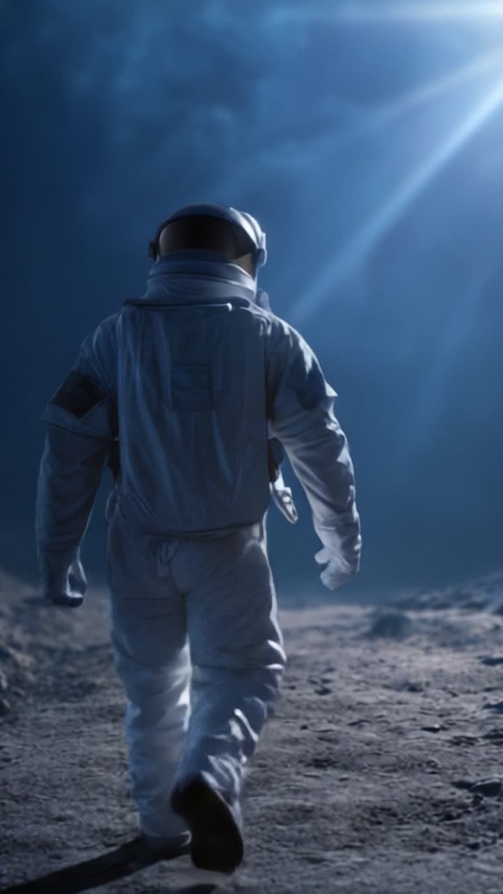 An astronaut explores the mysterious lunar landscape under a captivating blue light, reflecting the wonder and isolation of space exploration