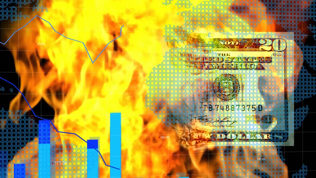 Digital Composite video of statistics bar graphs and world map against burning American dollar and f