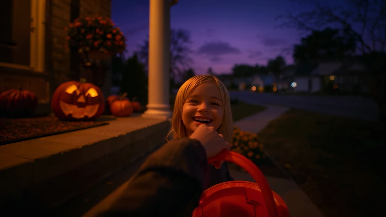 Adult hand dropping candy into child's pumpkin bucket for Halloween on porch, with jack-o'-lanterns