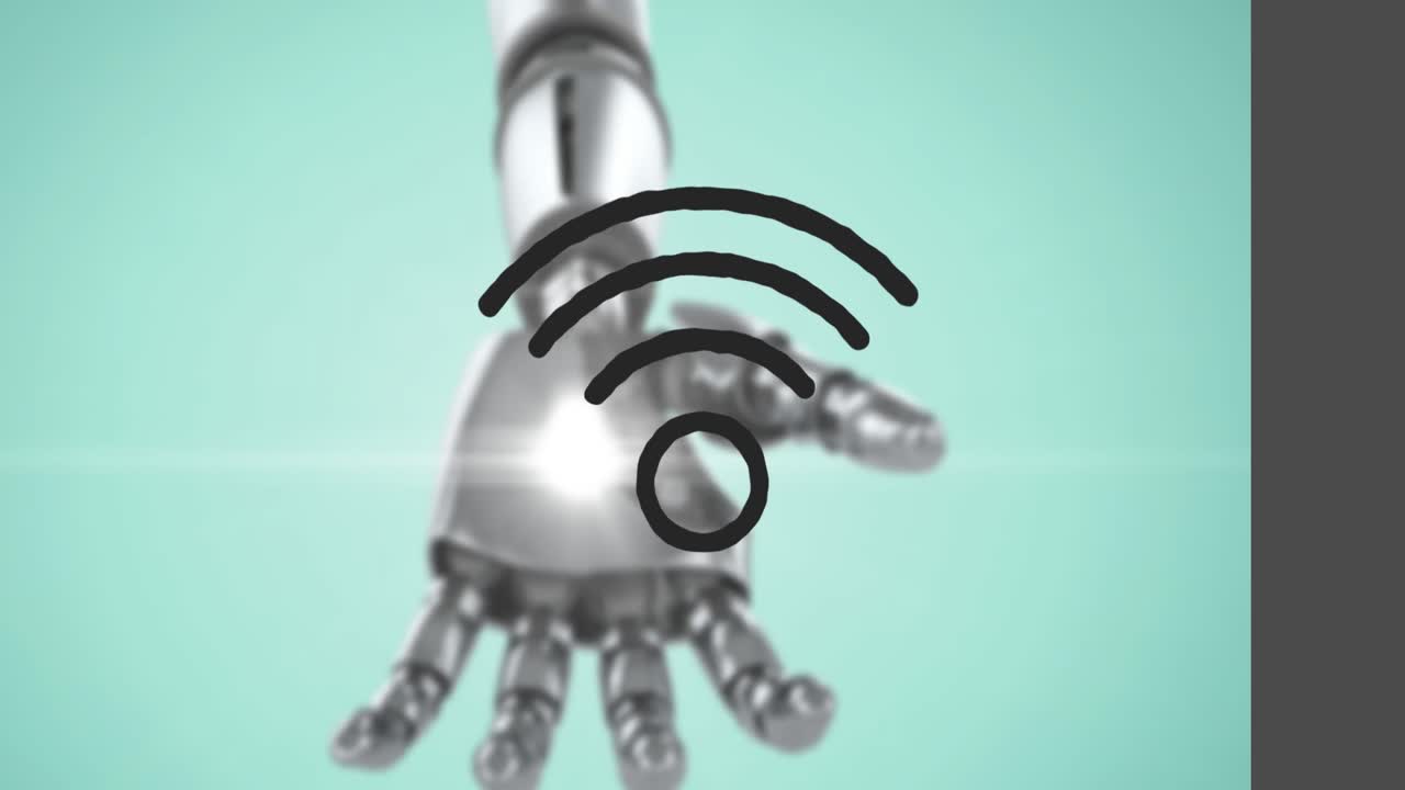 animación del icono de wi-fi sobre la mano robótica sobre fondo verde.