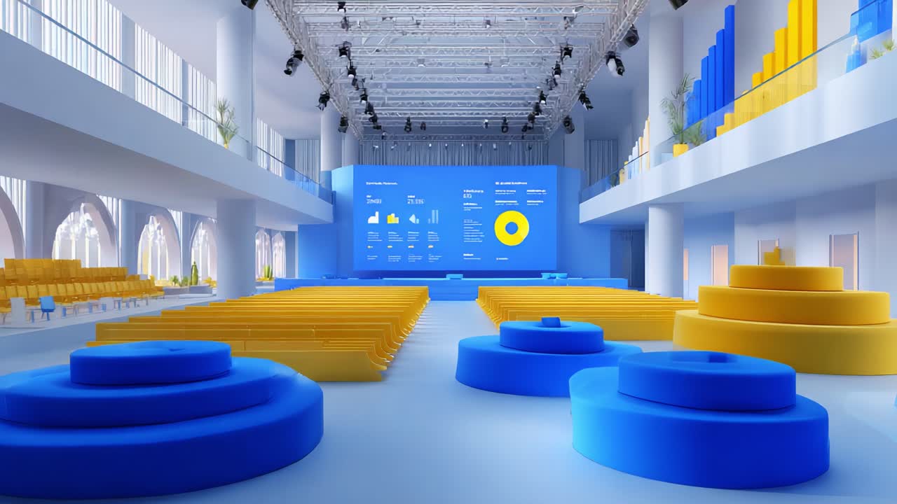 Modern Conference Room Design Featuring Vibrant Blue and Yellow Seating Arrangements, Display Screens, and Elegant Architectural Elements for Engaging Events and Gatherings