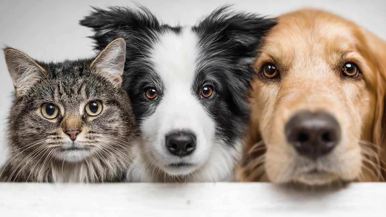 A Heartwarming Trio of Pets: A Cat, Border Collie, and Golden Retriever Posing Together in a Charming Close-Up Shot