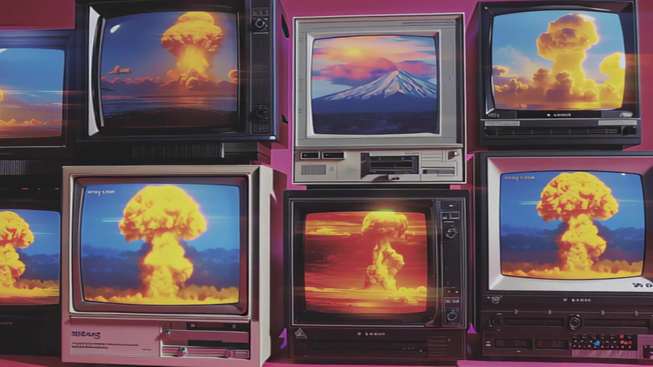 Footage of stacked vintage CRT televisions displaying nuclear mushroom clouds and colorful skies, evoking Cold War media, propaganda, and apocalyptic news themes