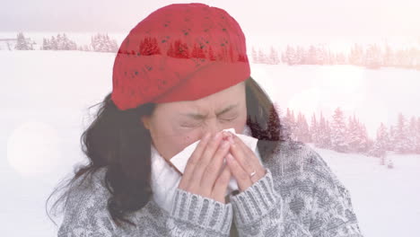 animation of woman blowing her nose against winter scenery