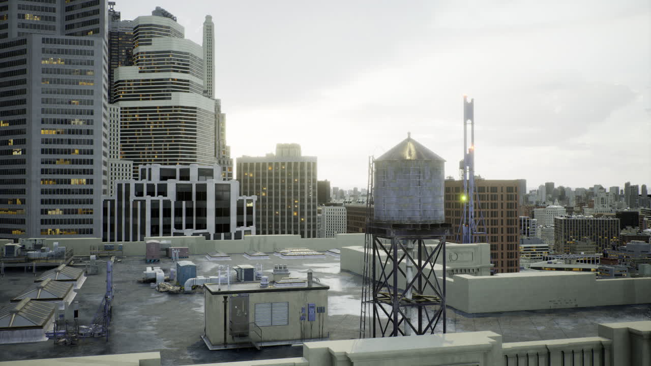 City skyline view with rooftops and buildings during sunset in urban area