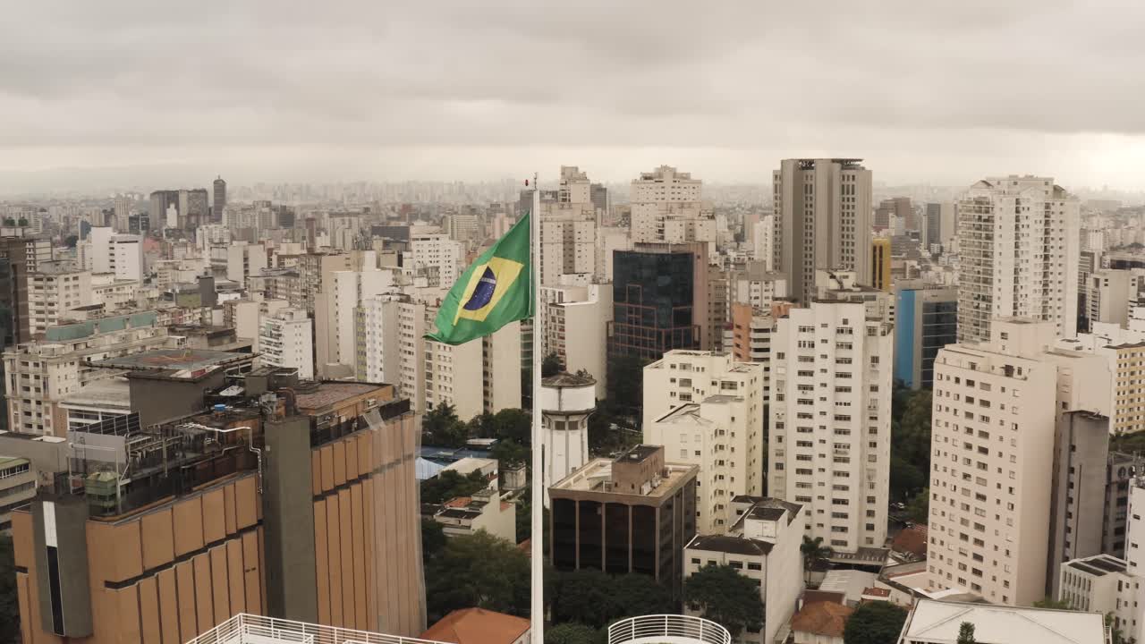 Panoramaudsigt fra luften viser brasiliansk flag på toppen af skyskraber og bylandskab i baggrunden