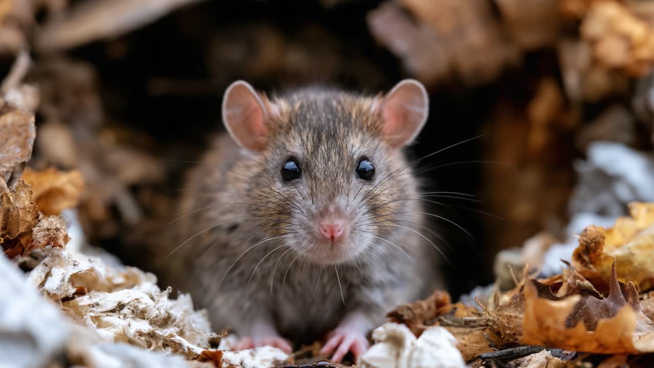Curious Mouse Emerging from a Nest Surrounded by Autumn Leaves, Highlighting the Intricate Details of Its Fur and the Natural Environment It Inhabits