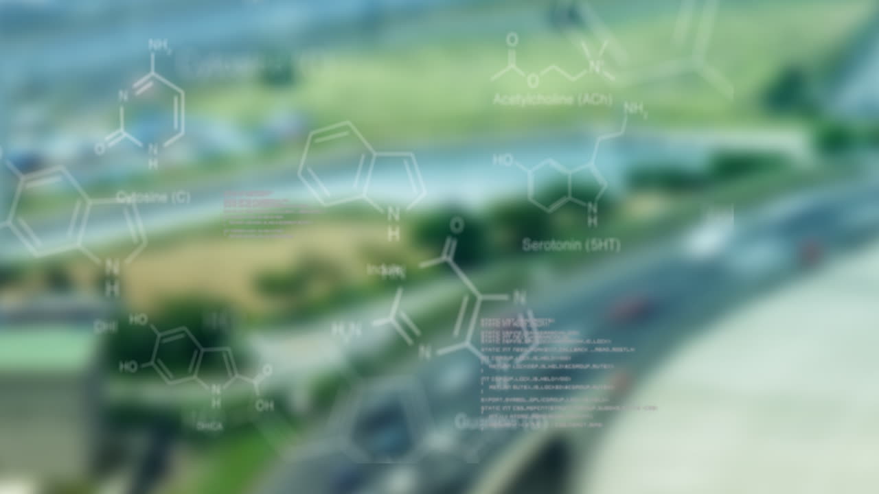 Overlaying animation of chemical formulas and molecular structures on blurred landscape