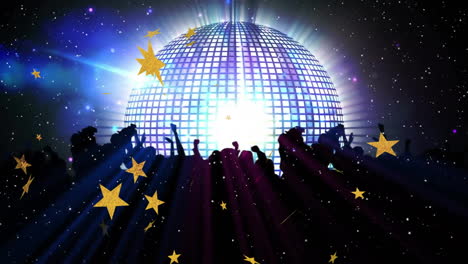 dancing crowd under disco ball with falling stars animation