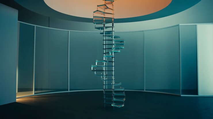Interno moderno con scala a chiocciola in vetro