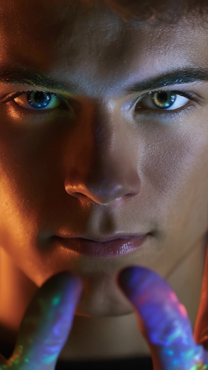 Un cautivador primer plano de un joven con ojos de colores llamativos y manos iluminadas, mostrando intrincados patrones de luz sobre un fondo oscuro
