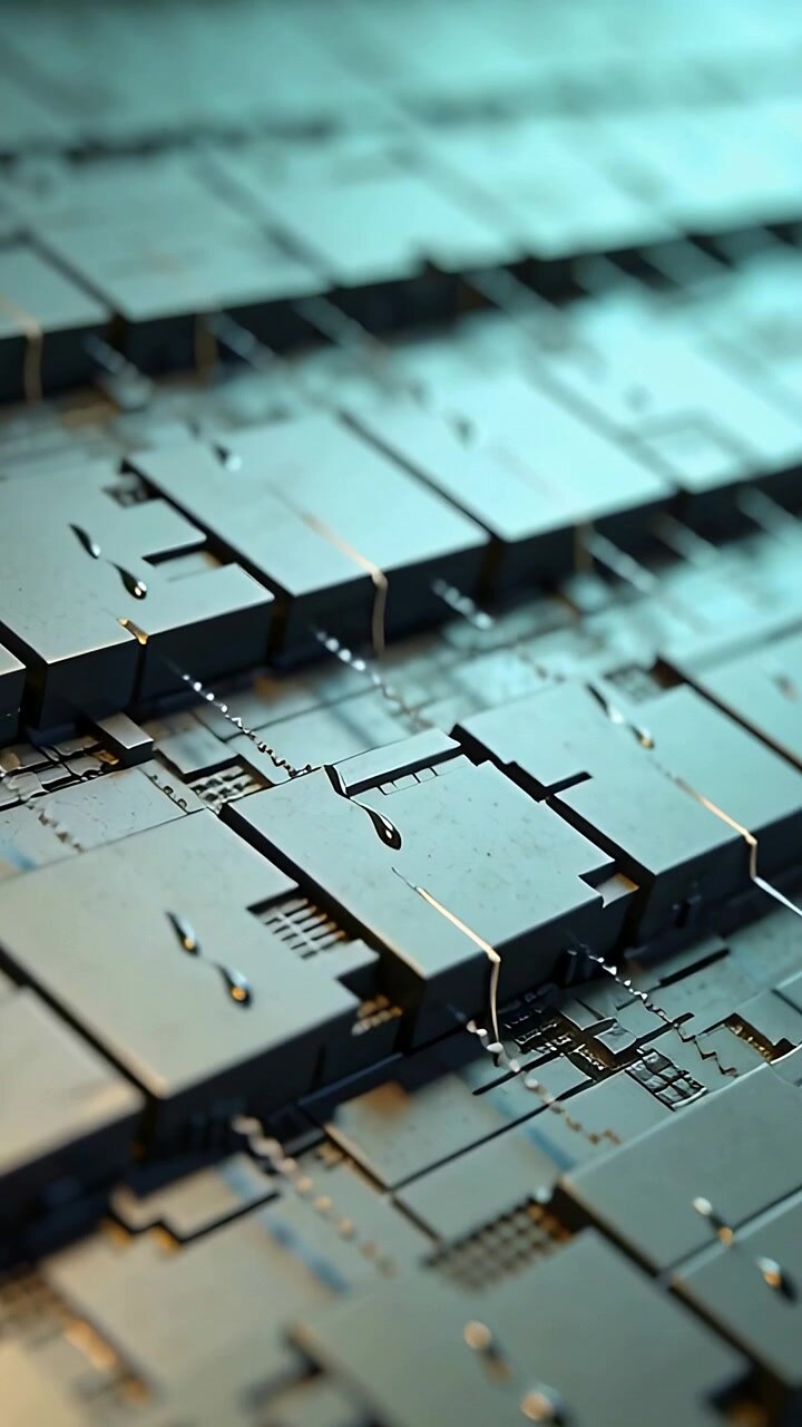 Vertical video: Sliding camera showing raised metal tiles at lab, revealing pattern, droplets