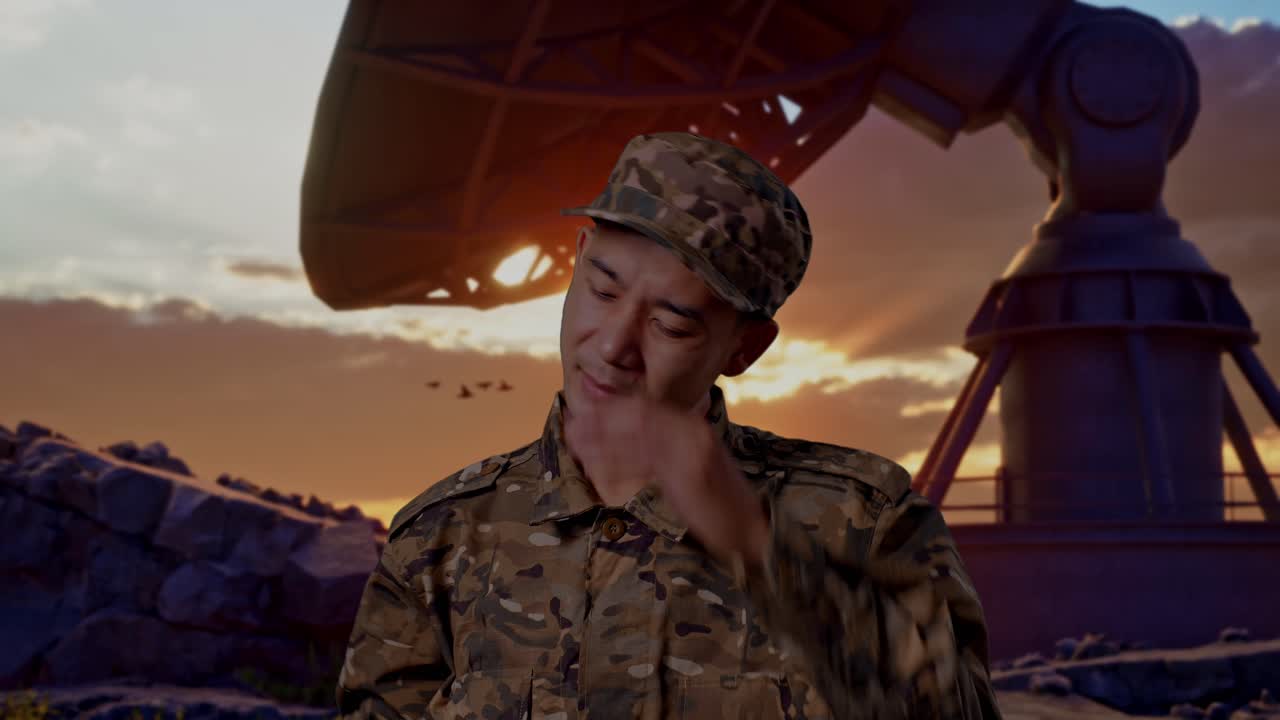 Close Up Of Asian Man Soldier Wiping The Sweat And Being Tired While Standing With Satellite Dish