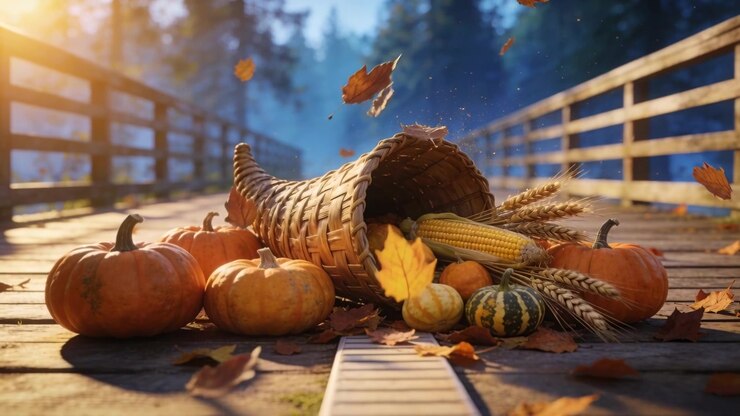Thanksgiving Cornucopia With Pumpkins and Falling Autumn Leaves on Wooden Bridge