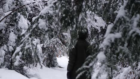 young man with black jacket stomps through a snowy forest