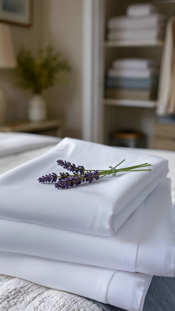 Una vista ravvicinata mostra lavanda viola posizionata su asciugamani bianchi piegati, mentre una morbida illuminazione interna evidenzia le pieghe del tessuto, la texture liscia, i colori neutri e una disposizione accogliente della camera da letto da una prospettiva laterale.