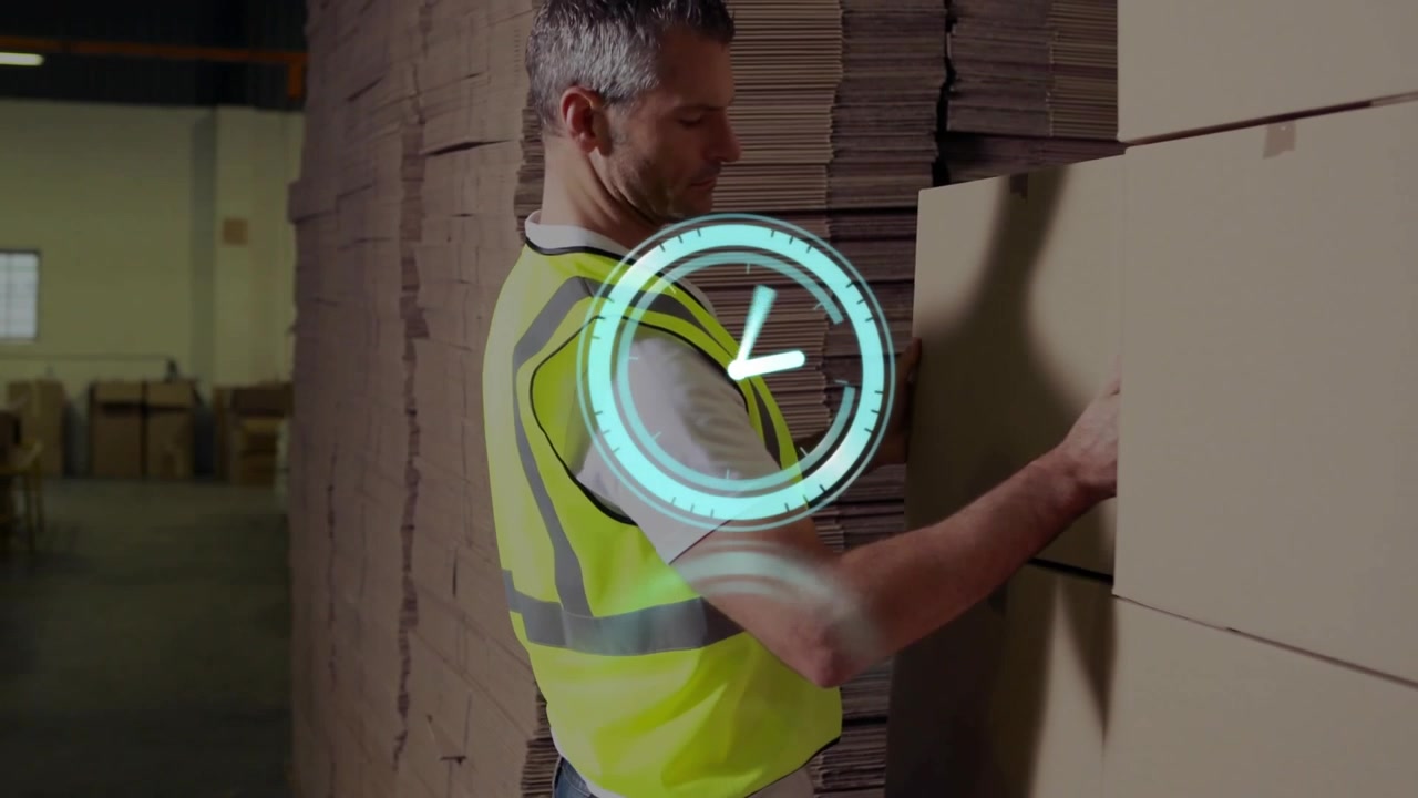 Warehouse worker in hi-vis vest grabbing box stacking boxes for stock, clock overlay rotating above