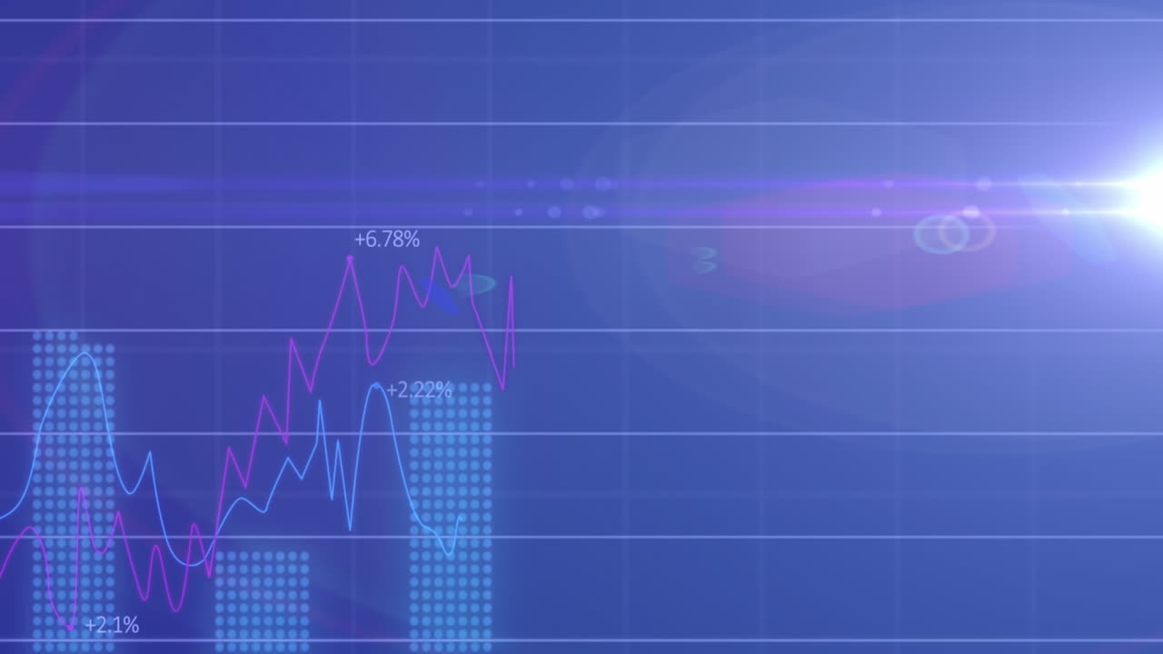 Animation of data processing with diagrams and light spots over blue background