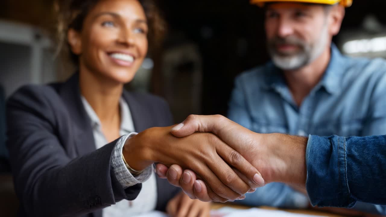 A Professional Handshake Between Two Individuals in a Business Setting Signifying Agreement and Collaboration, with the Smiling Female in a Suit and a Male in a Hard Hat Expressing Mutual Understanding and Trust