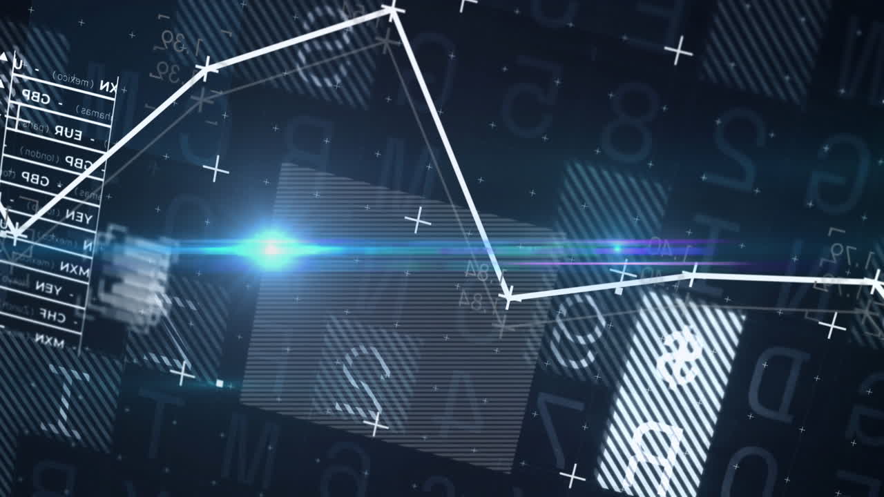 파란색 배경에 대한 통계 데이터 처리에 대한 빛 점의 애니메이션