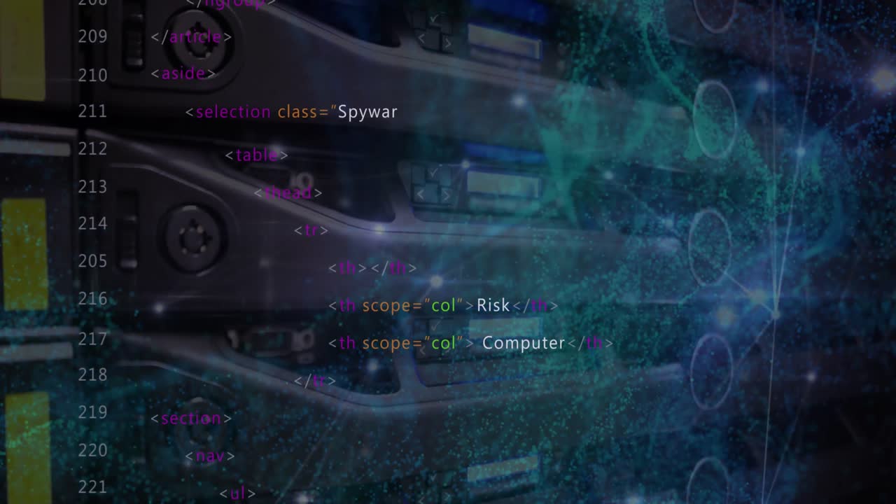 Animation of network of connections and data processing against close up of a computer server