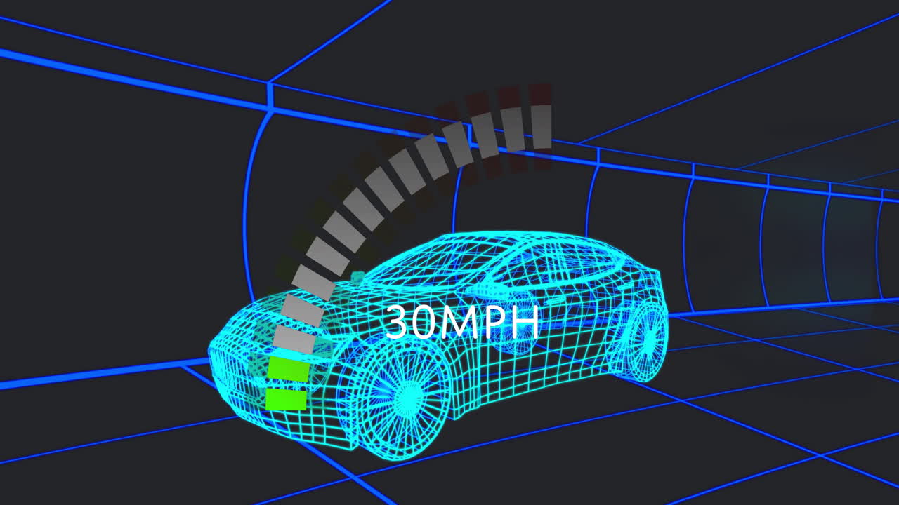 Neon?blue wireframe car gliding through virtual tunnel, displaying 30MPH segmented speed gauge