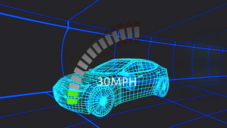 neon?blue wireframe car gliding through virtual tunnel, displaying 30mph segmented speed gauge