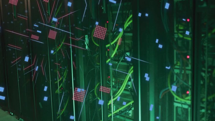 Animazione di un circuito stampato e dell'elaborazione dei dati su server di computer.