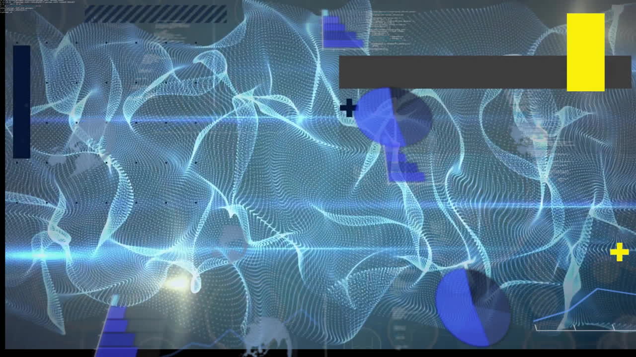 Animation of data processing over light trails on blue background