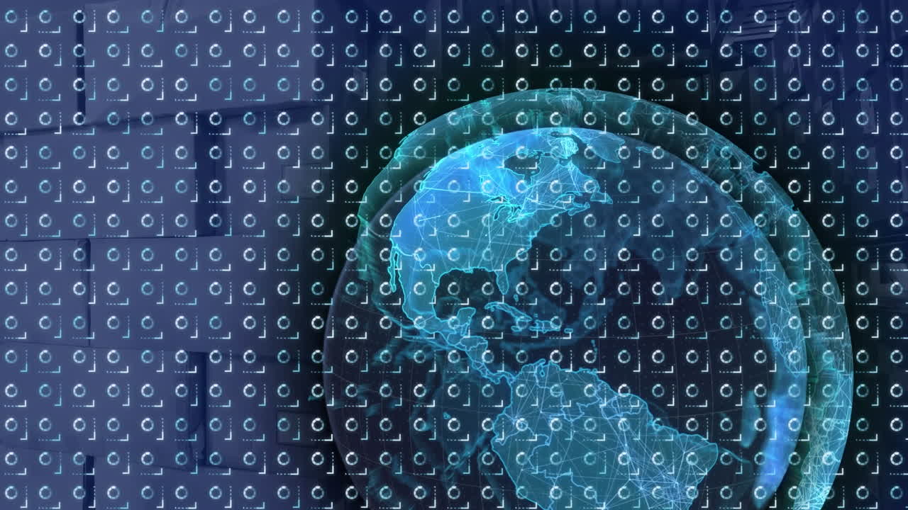 Animation of globe and digital interface with data processing over warehouse