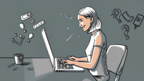illustration of a woman working on a laptop, surrounded by abstract symbols of thought and information