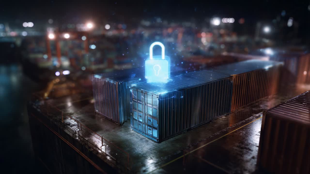 A Futuristic Shipping Container Scene Featuring a Digital Lock Visual on Top of a Container, Highlighting the Concept of Security in Industrial Logistics and the Importance of Protecting Cargo and Assets