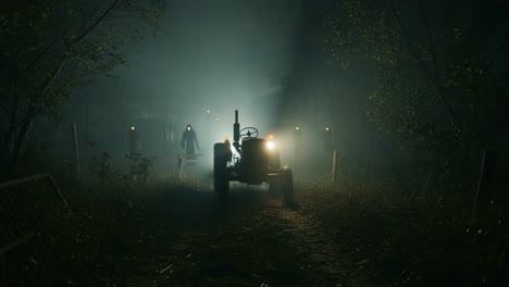 a haunting journey through foggy woods with tractor and mysterious figure in the background, creating an eerie atmosphere of unseen danger and intrigue