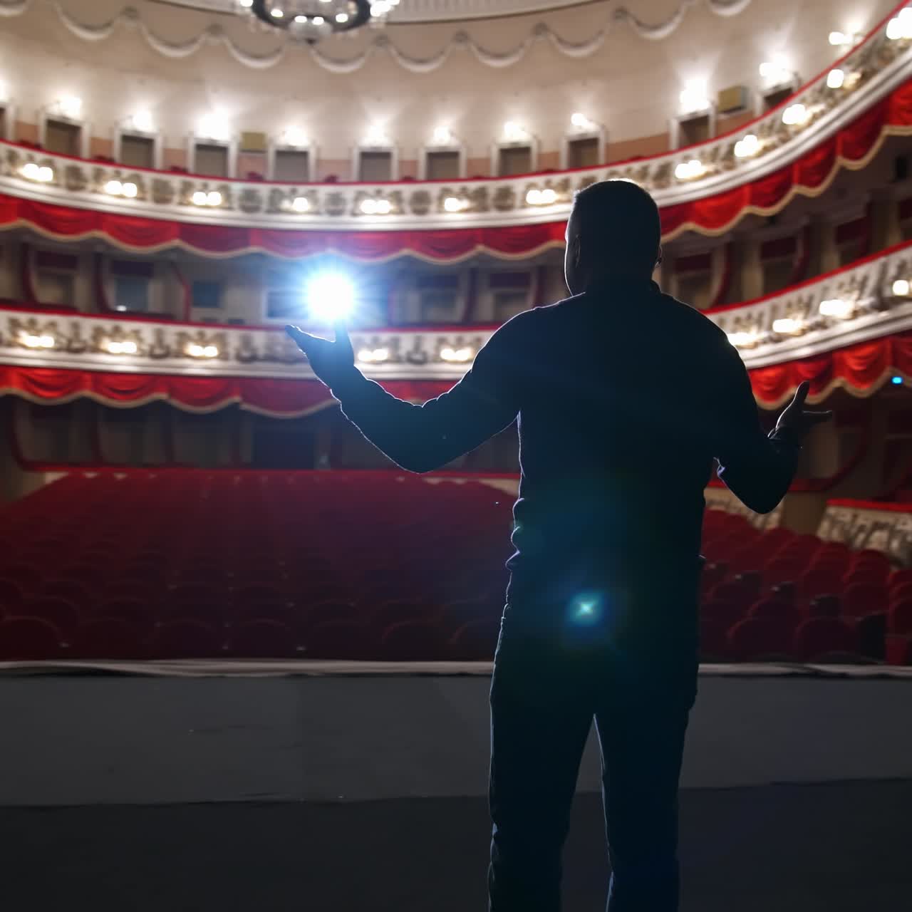No people in theater auditorium. Actor has rehearsal in front of empty hall