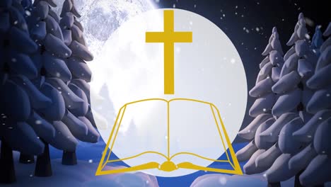 Animation-of-christian-cross-and-holy-bible-over-white-circle-at-winter-christmas-time