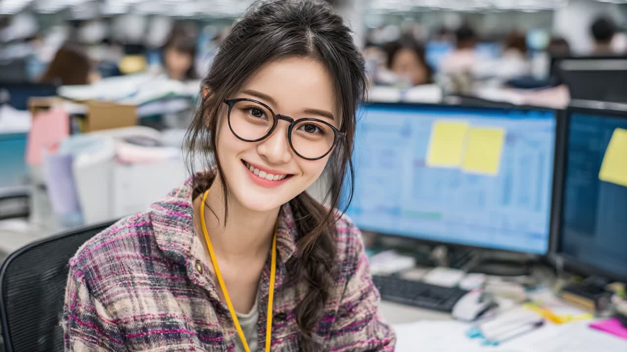 A Smiling Office Worker in a Busy Environment with Multiple Monitors and Colleagues Preparing for a Productive Day of Work and Collaboration