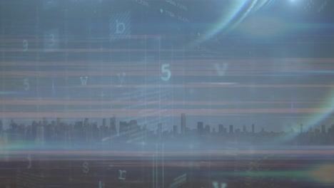 animation of cyber security data processing and light trails against view of cityscape