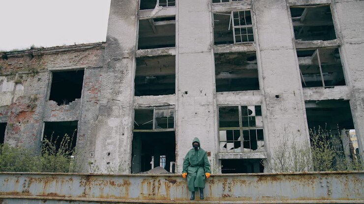 Sopravvissuto dopo un incidente nucleare chimico. Uomo con maschera antigas vicino a un edificio abbandonato e distrutto.