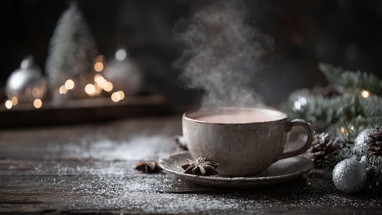 A Cozy Winter Scene Featuring a Steaming Cup of Hot Drink Surrounded by Festive Decorations and Sparkling Lights, Perfect for the Holiday Season