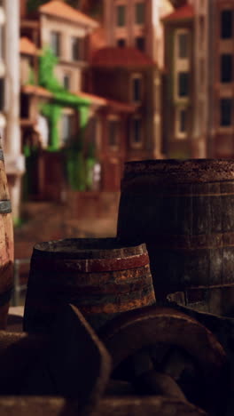 old wooden barrels in front of an old town