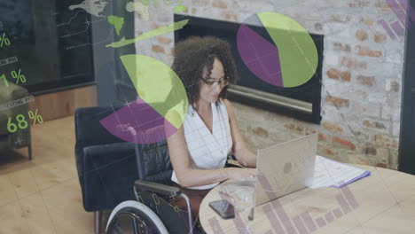 working on laptop, woman in wheelchair with data analysis animation over her