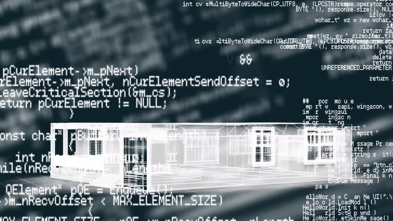 Animation of information and architectural drawing of house in white on black background