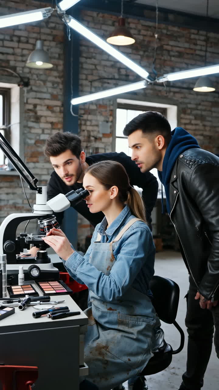 People using microscope for makeup experiments