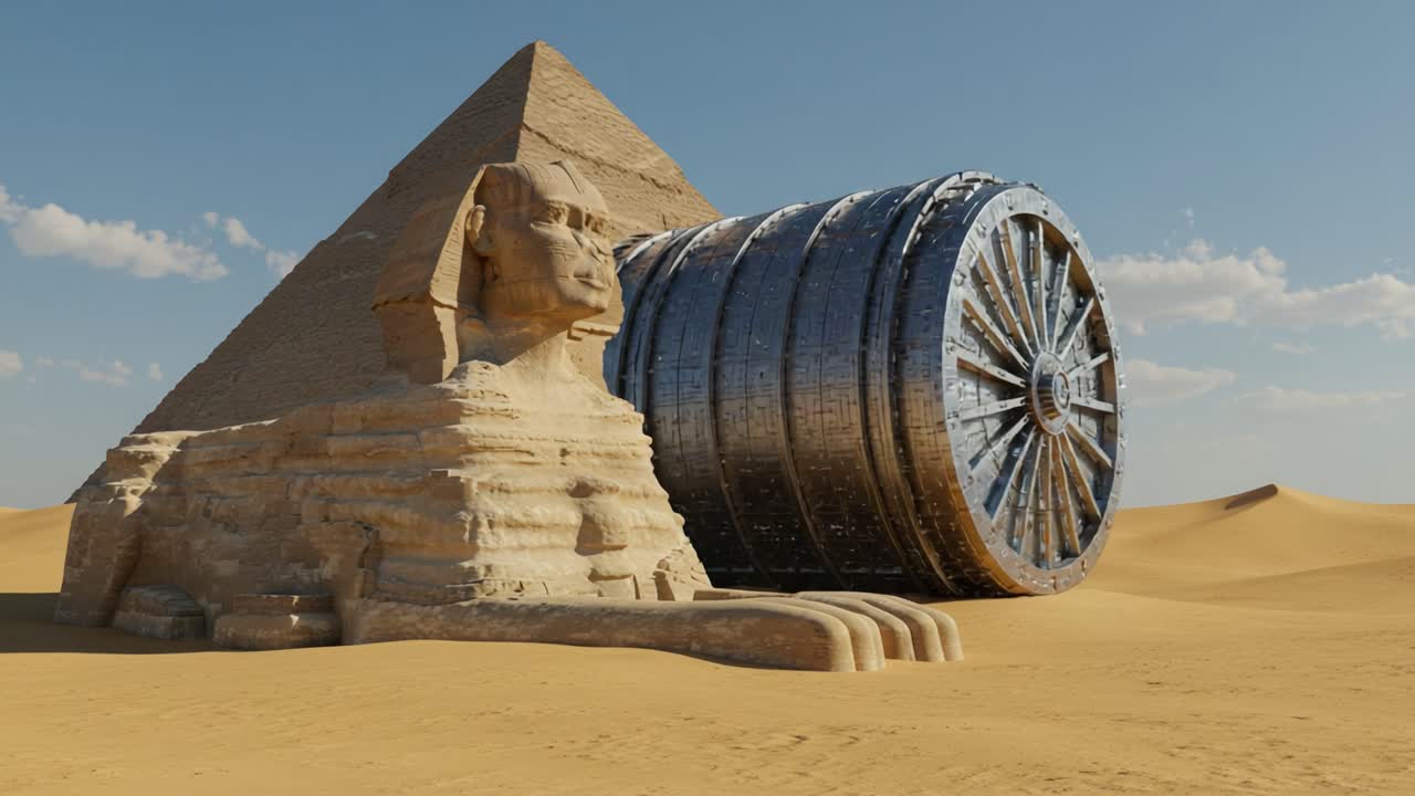 A Monumental Fusion: The Mystical Sphinx and Enigmatic Wheel Beside the Pyramids in a Desert Landscape Under a Clear Sky