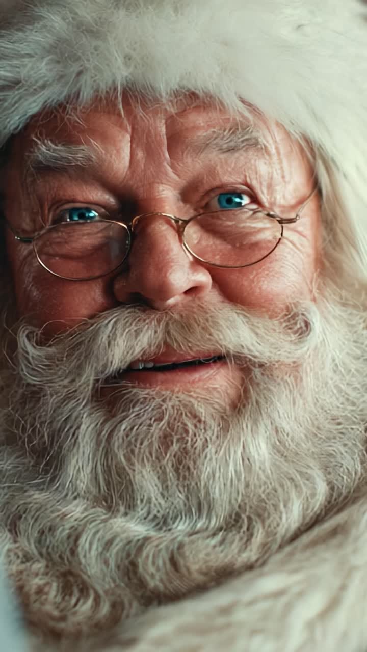 Un gioioso Babbo Natale che sorride cordialmente con la sua iconica barba, i capelli argentei e gli occhiali, portando allegria e calore durante le celebrazioni delle feste